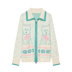 Knit Collar Puppy Embroidery Long Sleeve Zip Up Sweater