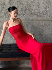 Red Lace-up Spaghetti Strap Maxi Dress