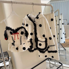 White Polka Dot Print Fleece Pajama 3 Piece Set