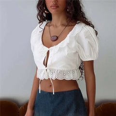 Lace Trim Puff Sleeve Tie Up Front Crop Top