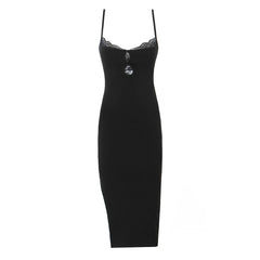 Ribbed Lace Strap Bodycon Midi Dress