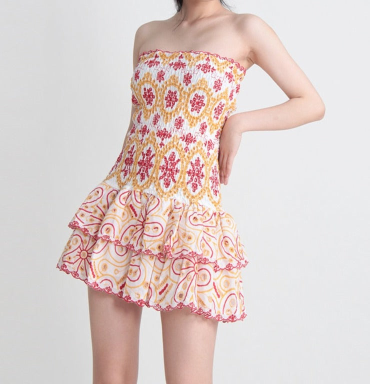 Embroidered Design Tube Ruched Mini Dress - Free From Label