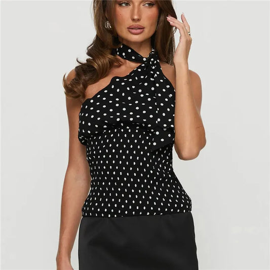 Black Polka Dot Smocked Drape Top