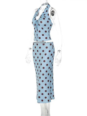 Blue Polka Dot Halter Drawstring Ruched Top And Midi Skirt Set