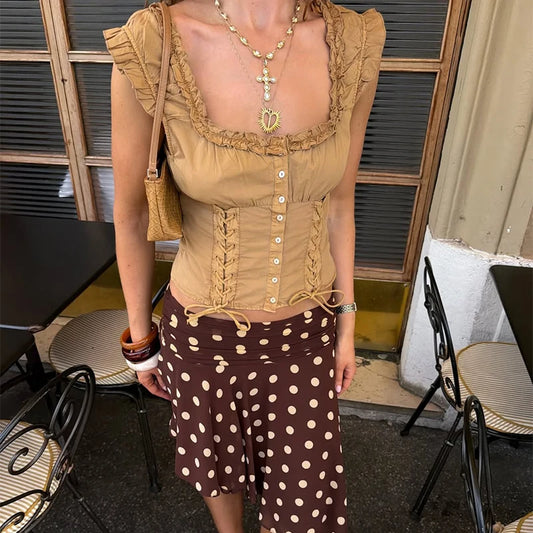 Brown Lace Up Short Sleeve Buttoned Top