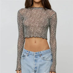 Sheer Printed Long Sleeve Crop Top