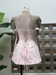 Printed Strap Lace-up Top And Mini Floral Bow Skirt Set