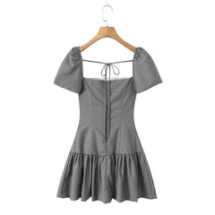Grey Lace Patchwork Puff Sleeve Mini Dress