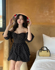 Black Polka Dot Off-Shoulder Puff Sleeve A-Line Mini Dress