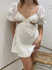 White Doily Tie-Up Puff Sleeve Hollow Out Mini Dress - Free From Label