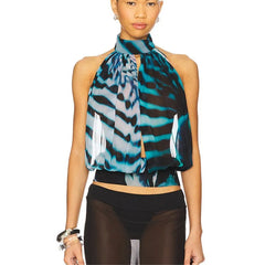 Blue Printed Halter Neck Cut Out Mesh Top