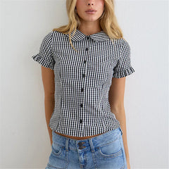 Plaid Peter Pan Collar Short Ruffle Sleeve Button Down Blouse