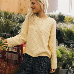 Eyelet Knit Pullover Button Long Sleeve Top