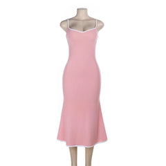 Pink Ribbed Contrast Trim Long Dress