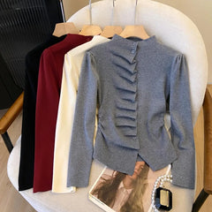 Long Sleeve Pleated Button Up Cardigan
