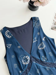 Blue Celestial Print V-Neck Dress