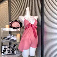 V-neck Bow Cami Pleated Nightdress