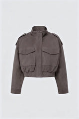Faux Suede  Stand Collar Zip Up Flap Pockets Cropped Jacket
