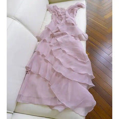 Pink Butterfly Sleeve Asymmetrical V-neck Tiered Ruffle Midi Dress
