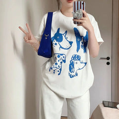 Cartoon Dogs Printing Kpop White Short Sleeve Cotton Tees