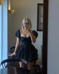 Black Polka Dot Off-Shoulder Puff Sleeve A-Line Mini Dress