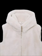 White faux fur vest with a zipper closure and hood.