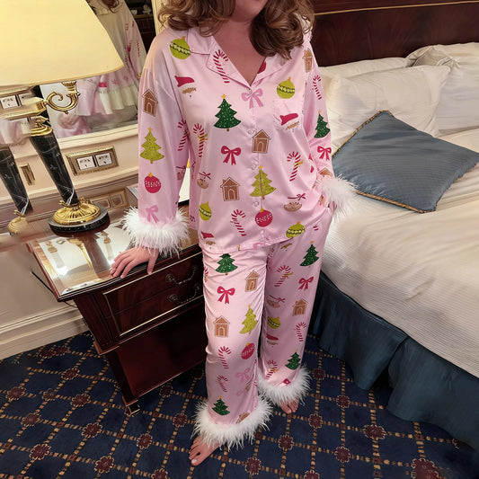 Christmas Tree Printed Button Down Top with Pants Pj Set