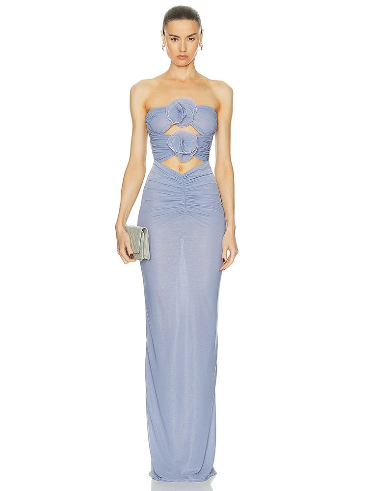 Blue Strapless 3D Flower Ruched Maxi Dress Free From Label