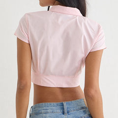 Cropped Short Sleeve Pleated Button Down Blouse