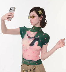 Star Cat Print High Collar Short Sleeve Top