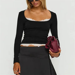 Square Neck Long Sleeve Lace Trim Top
