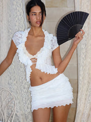 White Lace Ruffle Tie Up Short Sleeve Top