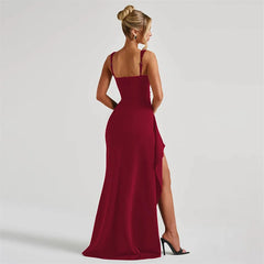 Square Neck Strap Thigh High Split Draped Long Dress