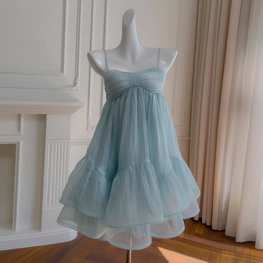 Strapless Frill Tulle Back Bow Mini Dress