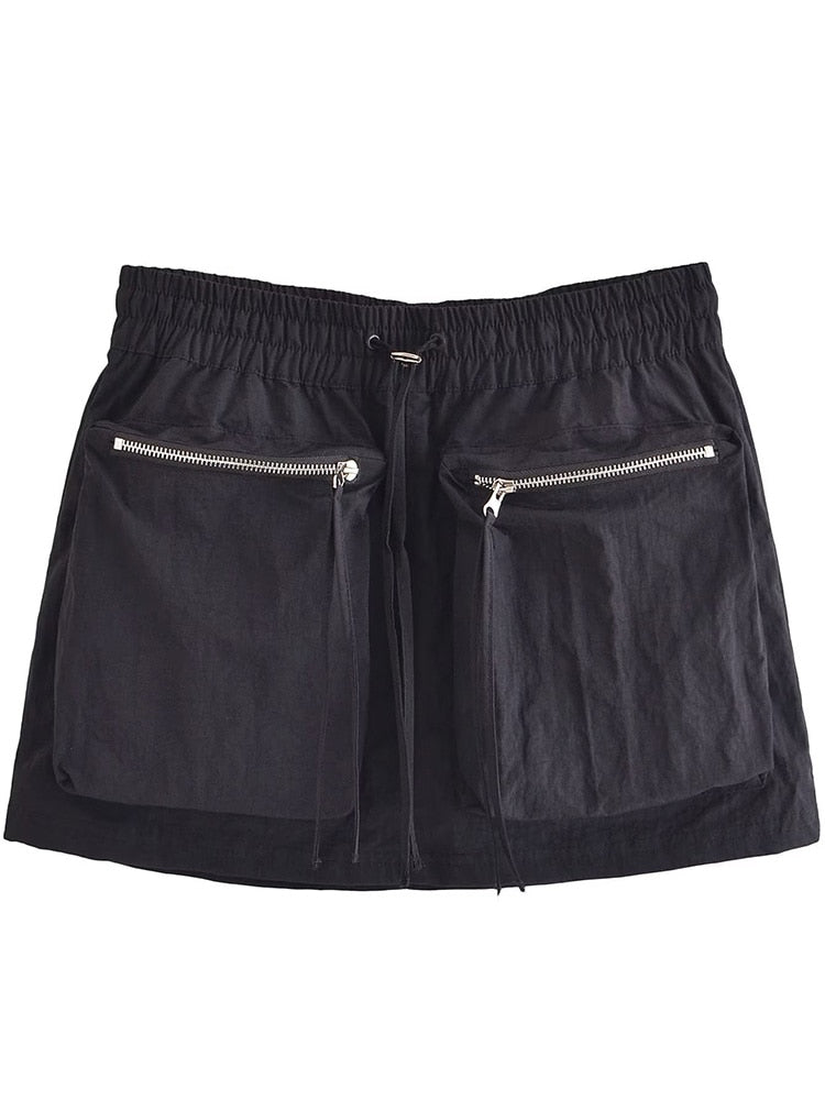 Drawstring Cargo Zipper Pocket Mini Skirt