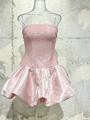 Pink Strapless Sequin Satin Hem Mini Dress