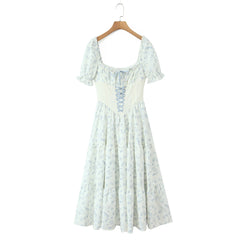 Blue Floral Puff Sleeve Corset Lace Up Midi Dress