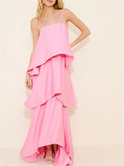 Pink Spaghetti Strap Layered Tiered Long Dress