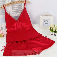 Satin Lace Bow Cami Top And Shorts Pijamas Set