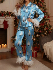 Christmas Satin Feather Trim Button-down Shirt And Pants Pj Set
