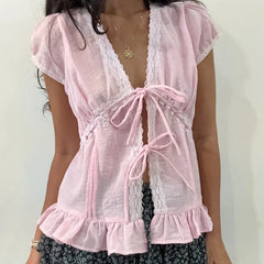 Ruffles Hem Short Sleeve Bow Tie Crop Top