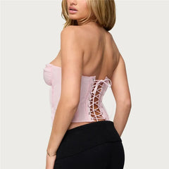 Pink Seam Trim Strapless Lace-Up Bustier Top