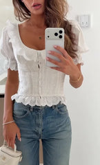 White Puff Sleeve Button-Down Ruffled Corset Blouse