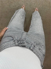 Rhinestone Denim Wide Leg Pants