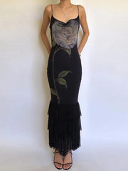 Black Rose Satin Print Spaghetti Strap Tassel Hem Maxi Dress