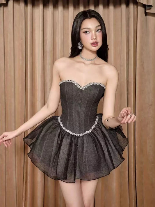 Grey Strapless Diamonds Beaded Mini Dress