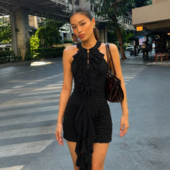 Black Ruffled Ruched Sleeveless Mini Dress