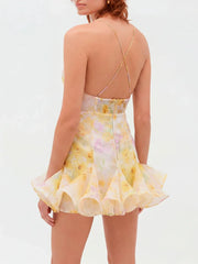 Colorblock Floral Cross Strap Mini Dress