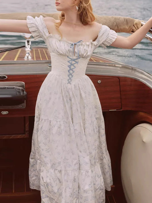 Blue Printed Corset Lace Up Puff Sleeve Maxi Dress