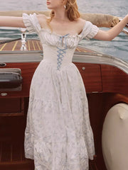 Blue Printed Corset Lace Up Puff Sleeve Maxi Dress